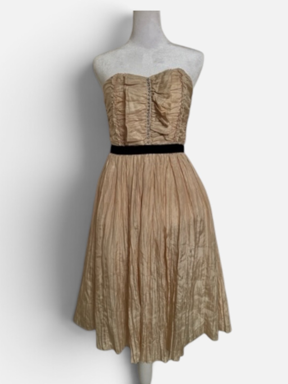 Silk chiffon Strapless Beige Party Dress with Black Waistband